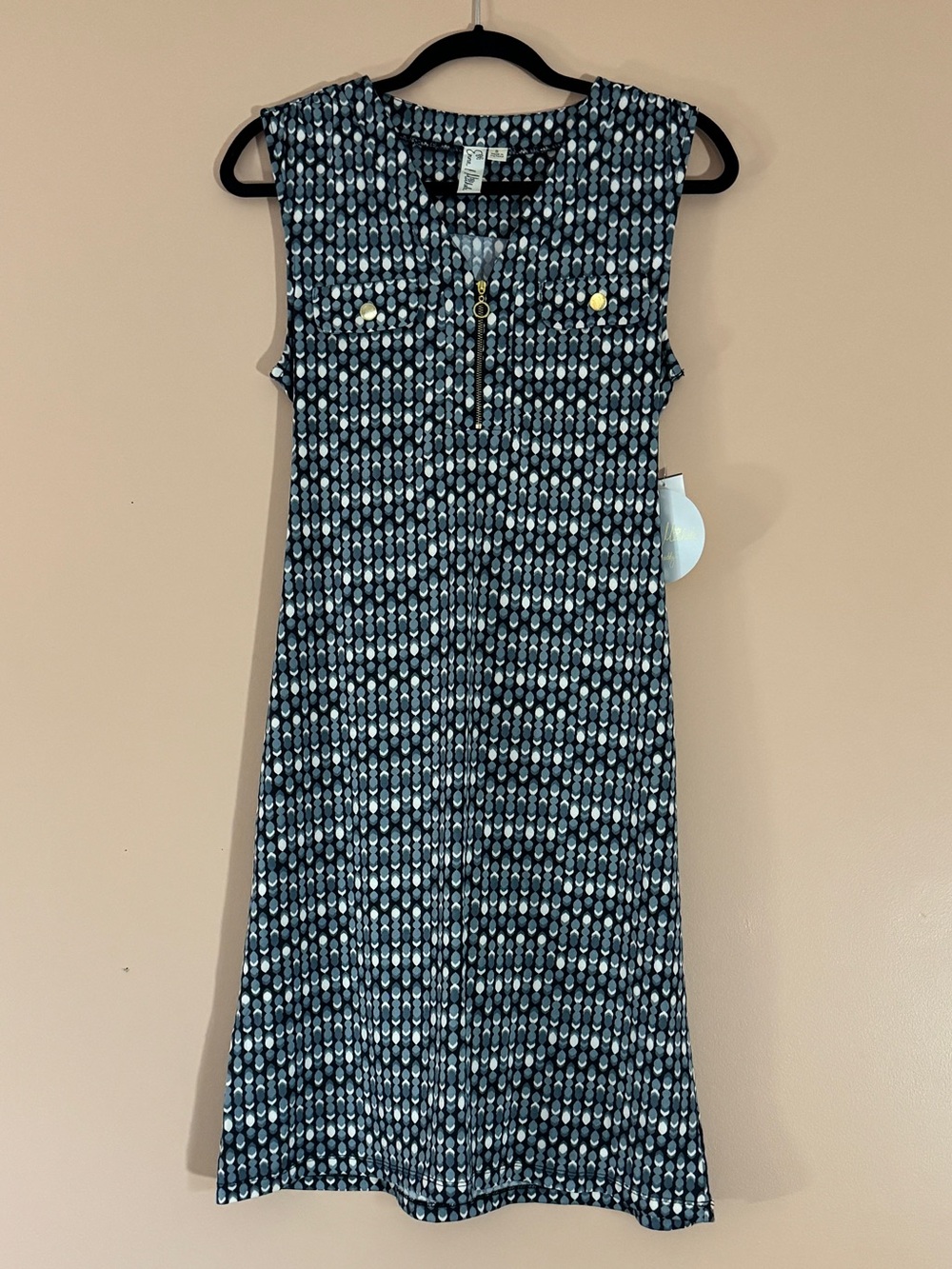 Emma & Michele Navy and White Sleeveless Midi Dress with Zip